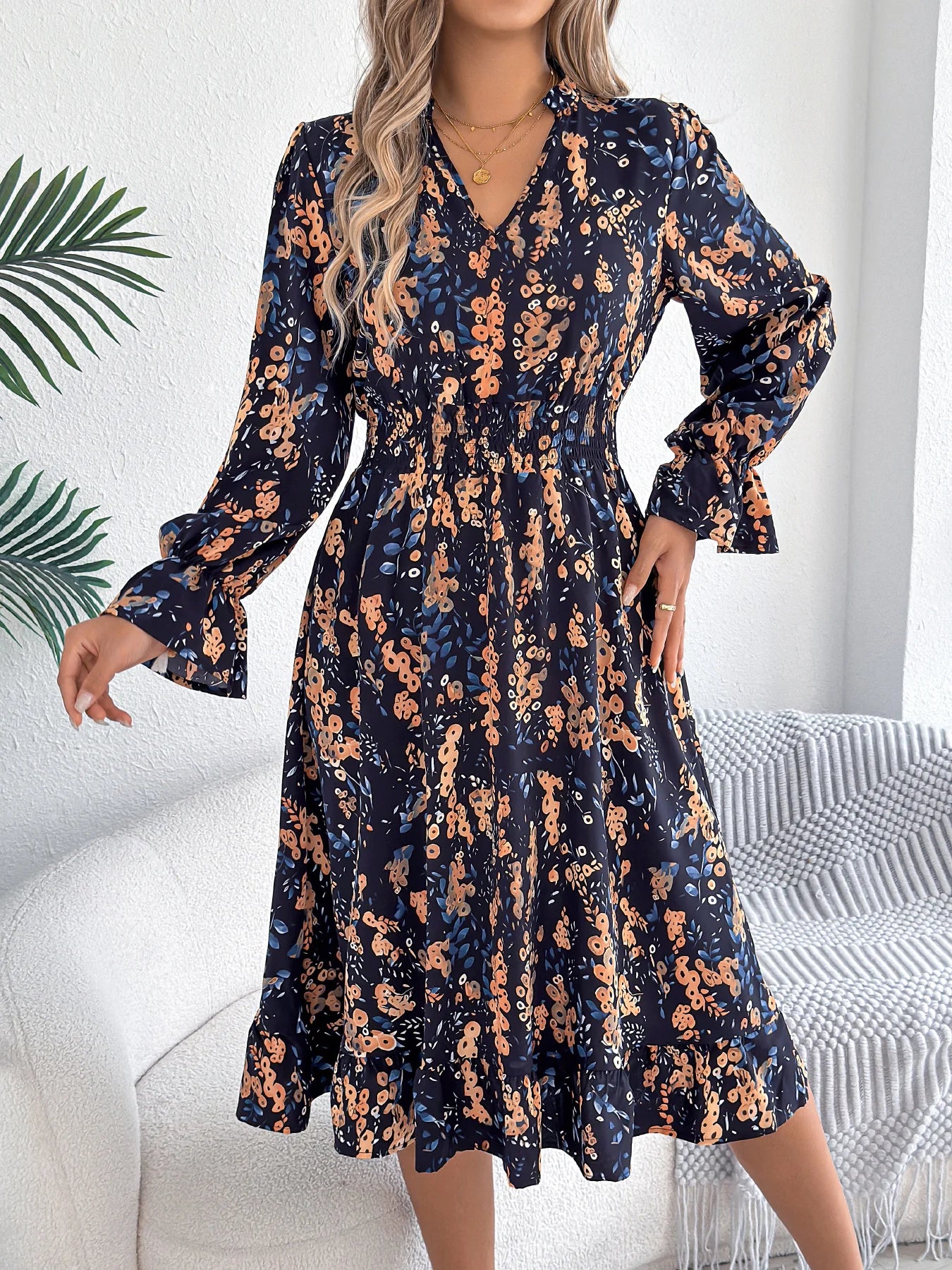 Elegant Floral Print Dresses Women 2025 Autumn Winter V Neck Flare Long Sleeve Ruffled A Line Dress