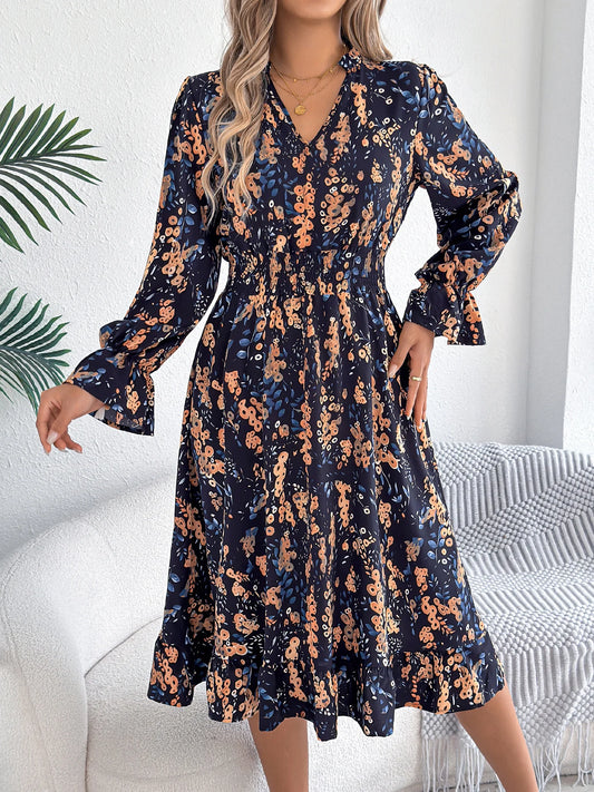 Elegant Floral Print Dresses Women 2025 Autumn Winter V Neck Flare Long Sleeve Ruffled A Line Dress