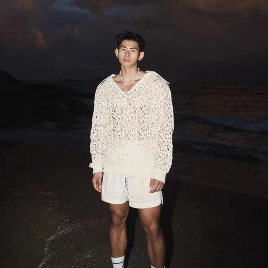 Men Sweater Knitted Hollow Out Sexy Hooded Hoodie Pullover Streetwear Long Sleeve Tops Spring Autumn Coat Man Clothes Trendy New