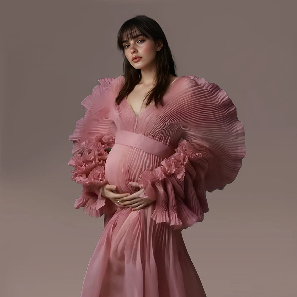 Maternity Dress for Pregnant Women for Photo Shoot V Neck Pleated Organza Long Flowy Maternity Dresses for Pregnant Photography