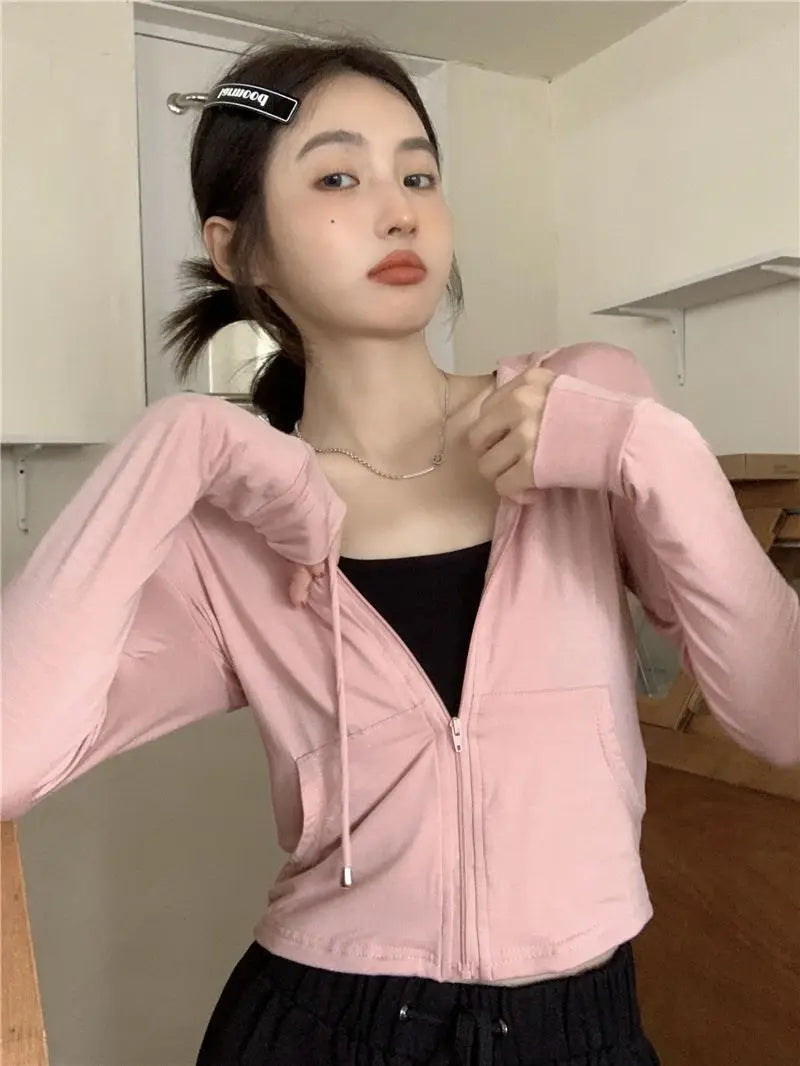 Hooded Jackets Women Thin Sunscreen Solid Fashion Summer Long Sleeve Cropped Coats All-match College Breathable Sporty Popular