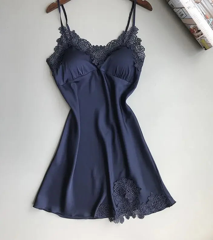 Ladies Sexy Silk Satin Night Dress Sleeveless Nighties V-neck Nightgown Nightdress Lace Sleepwear Nightwear for Women Sleep Tops