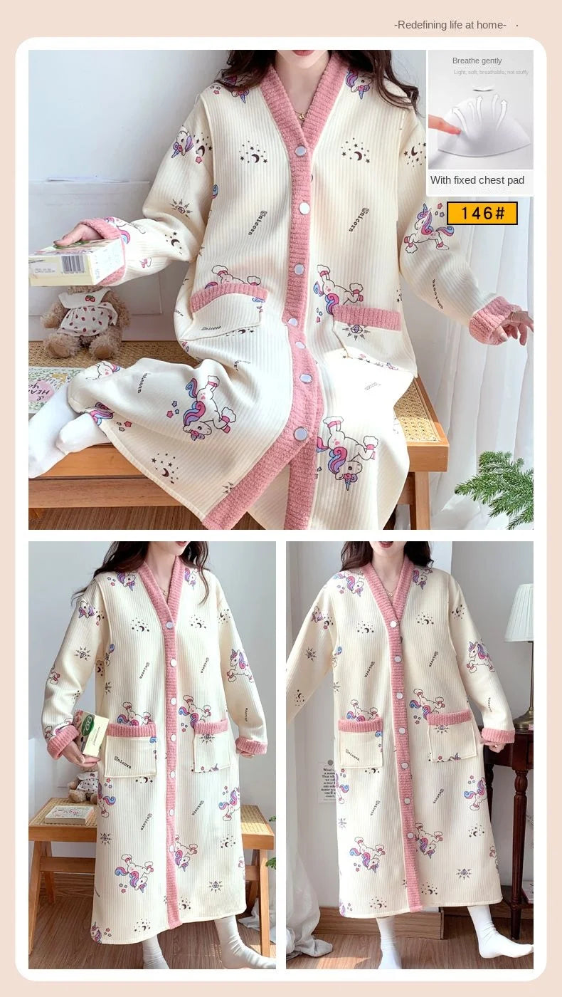 Maternity Sleepwear Nursing Nightwear Long Sleeve Robe Loose Fit Pregnant Women Homewear Winter Comfortable Fleece Nightwear