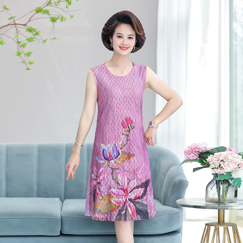 Elegant Dresses Women NEW Summer Casual Retro Temperament printing two Piece Set Dress Mother Dress plus Size