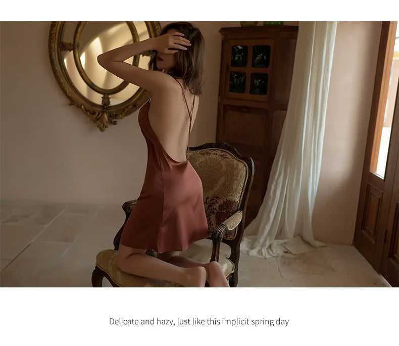 Sexy nightwear women Sleepwear Deep V Suspender Nightdress Beauty Back Simulation Silk Nightgowns Thin Home Clothes