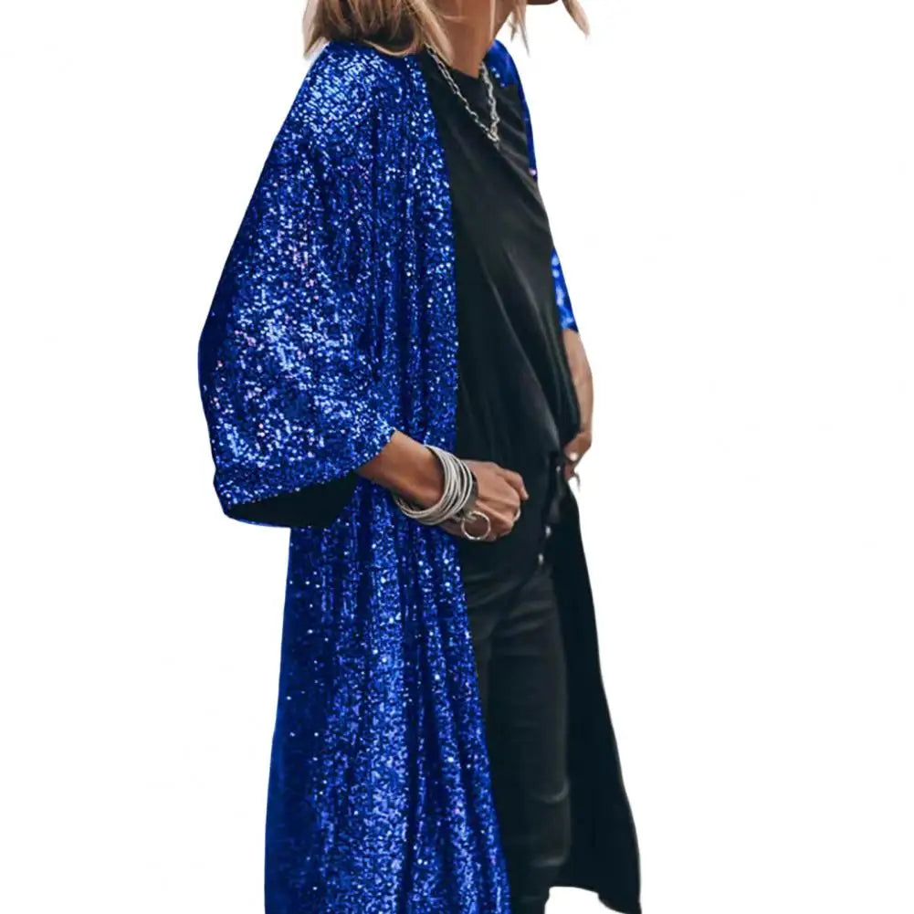 Women Coat Comfy Loose Outerwear Outwear Windproof  Stylish Shining Sequins Cardigan Jacket Top
