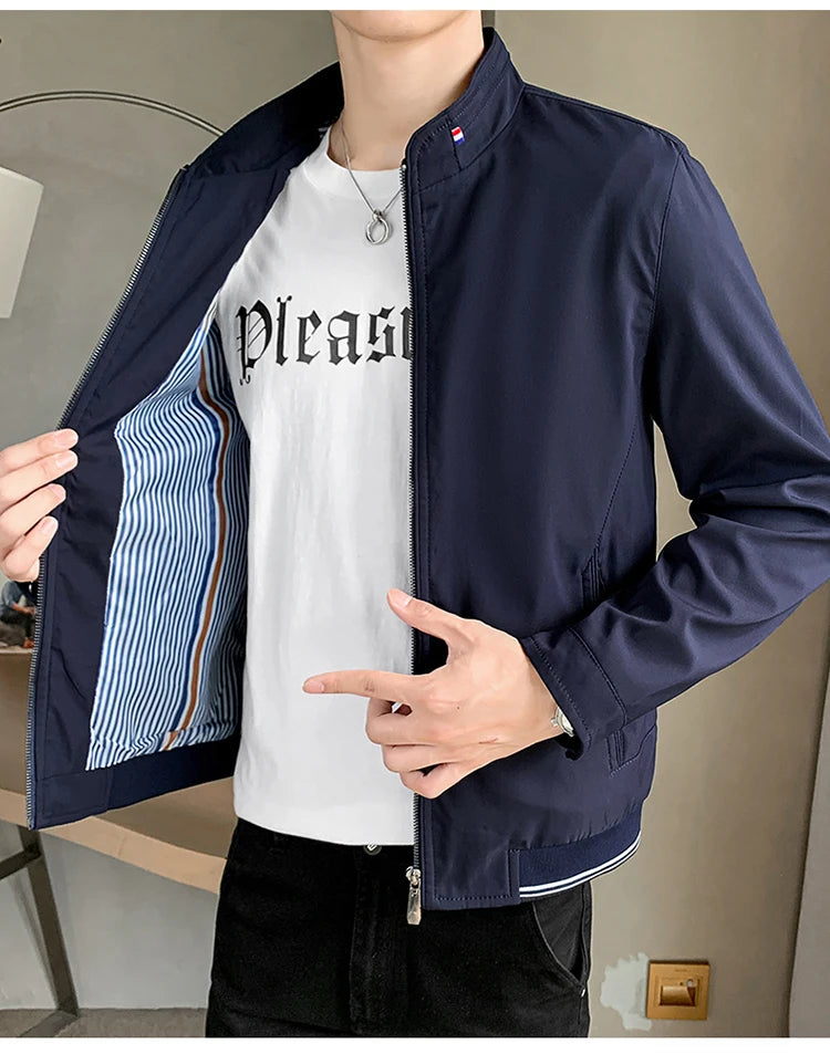 Blazer Jacket Men Casual Jacket Spring Autumn Workwear Stand Collar Zip Up Coats Men Lightweight Business Style Outerwear