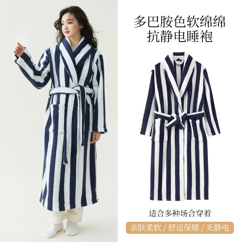 2025 New Autumn/Winter Women's Sleepwear Thick Velvet Warm Robe Couple Coral Velvet Striped Lengthed Home Clothes Bathrobe
