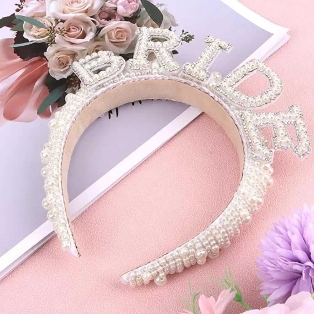 Handmade Bridal Pearl Headband BRIDE Alphabet Beads Elegant Masquerade Headdress Wedding Party Hair Accessories Photography Prop