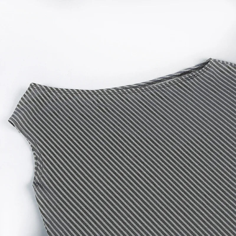 Striped T Shirts For Women Streetwear Inclined Collar Crop Top Y2k Accessories Short Sleeve Grunge Clothes Ropa Mujer Camisetas