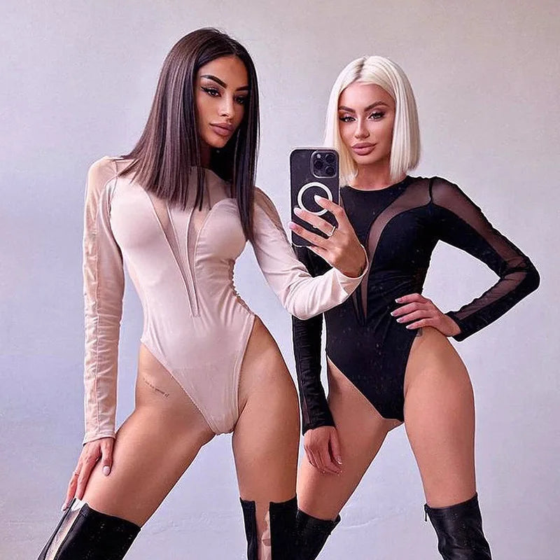 See Through Sexy Bodysuit Lingerie Long Sleeve Lenceria Tranparente One-Pieces Body Feminino Skinny Corset Top Women Rave Outfit
