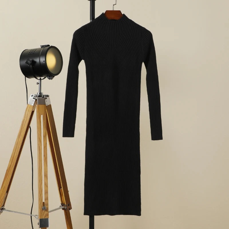 Sweater Dress Female 2025 Winter Knitted Basic Casual Women's Dresses Ladies Korean Fashion Clothes Clothing Robe Elegant Black