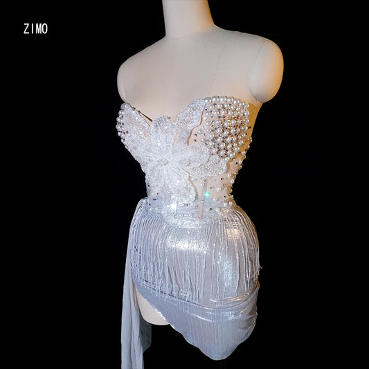 sexy women Two piece sets Evening Pearl dress nightclub party birthday wedding  stage flower dress singer pole dance clothing