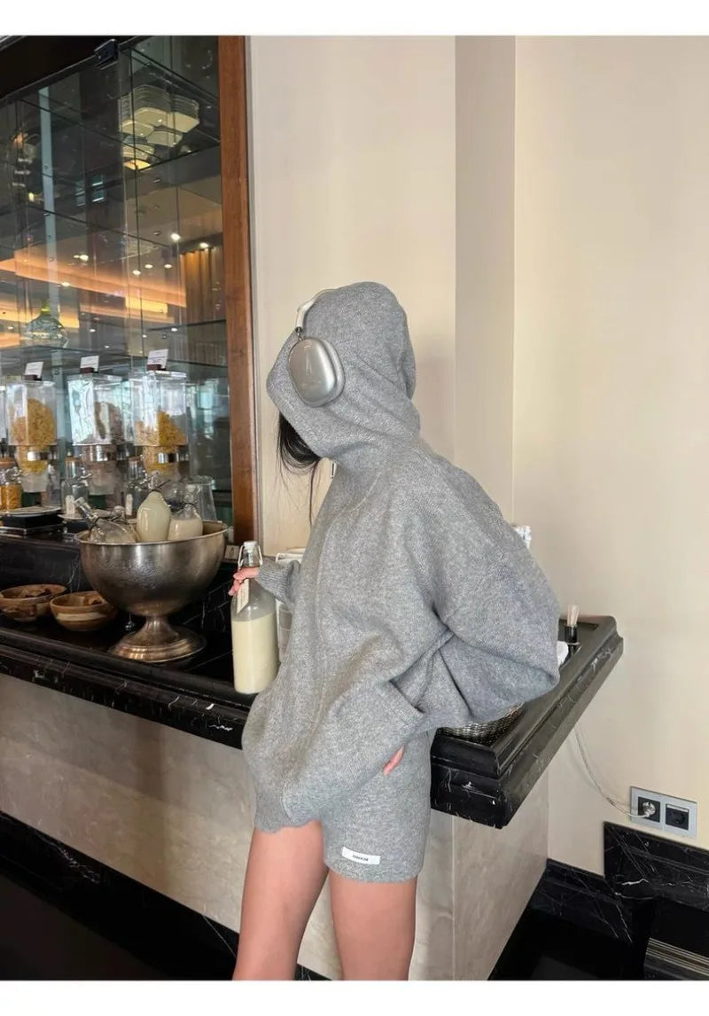 Sweater Set Women American Vintage Hooded Long Sleeve Cardigan Straight Shorts Grey Two Piece Outfit Fall Winter Streetwear Set