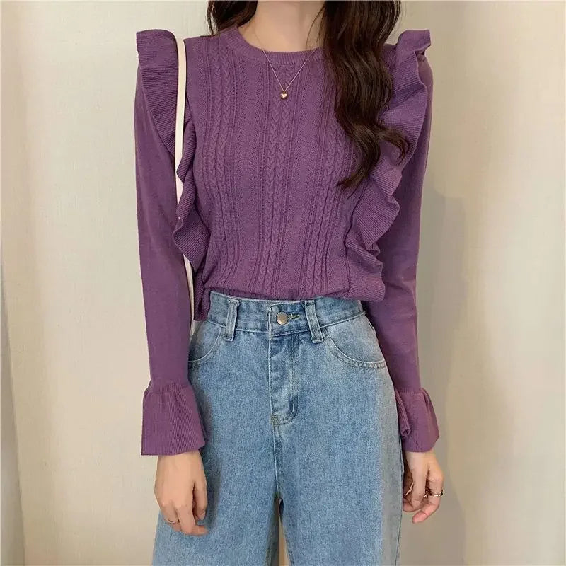 Ladies Sweaters Pullovers Round O Neck Grey Knitted Top for Women Jersey Winter 2025 Jumper Economics Long Sleeve Thermal Blouse