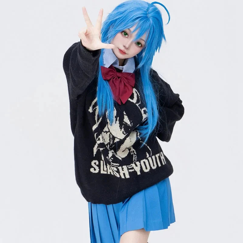 Sweater Women Japanese Cartoon Printed Pullover Knitwear Winter Chic Kawaii Sweaters O-neck Loose Cute Jumpers Tops Y2k Clothing