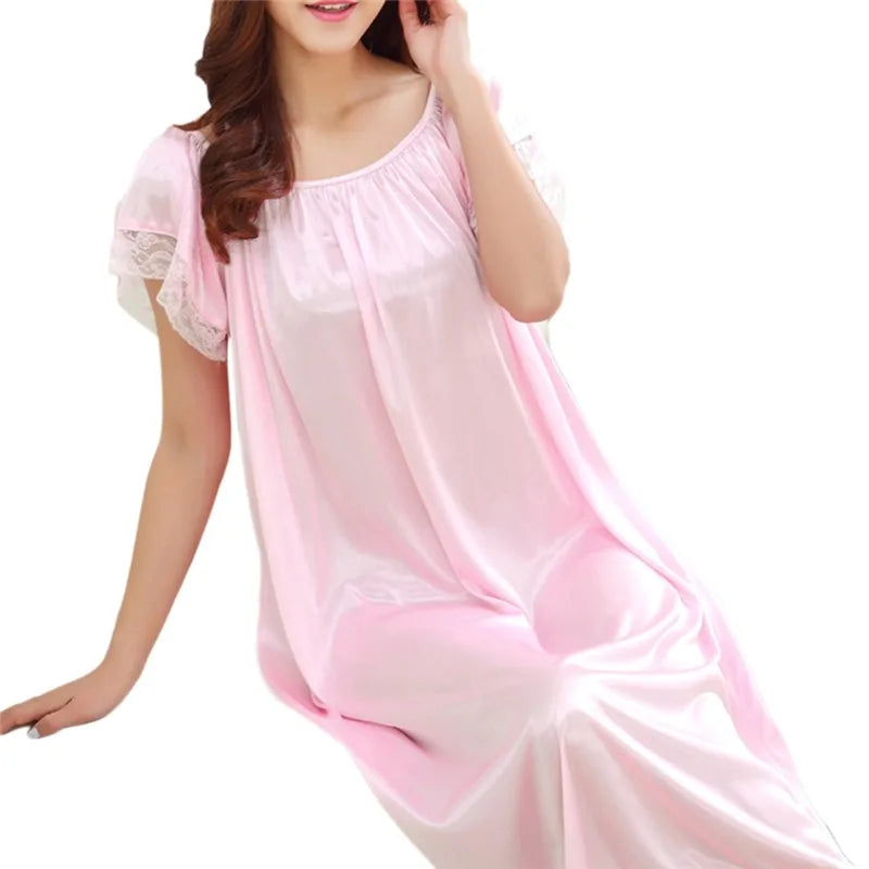 Women Night Gowns Sleepwear Lace Patchwork Nightwear Long Sleeping Dress Casual Ladies Home Dressing