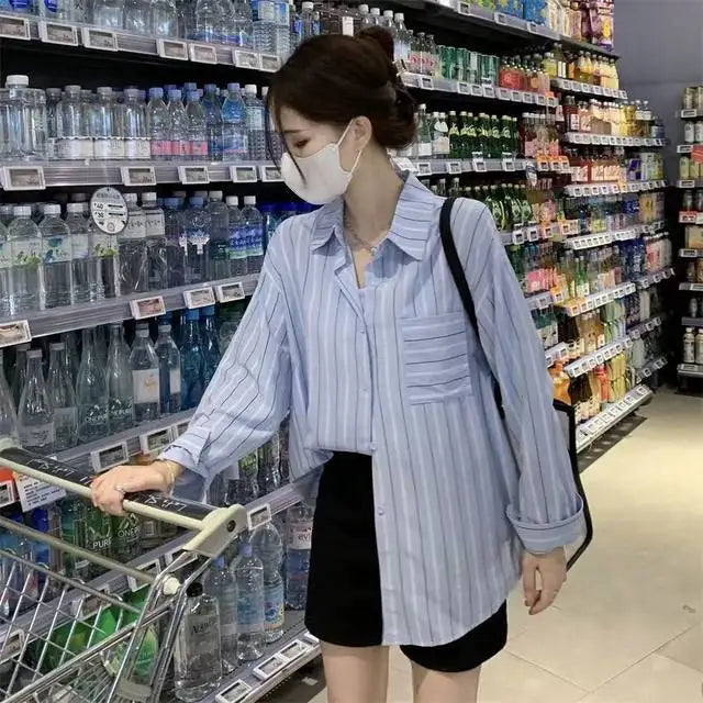 Striped Shirts & Blouses For Women Elegant Chic High Quality Clothing Trend 2025 Pretty Promotion Youth Cool Button Up Woman Top