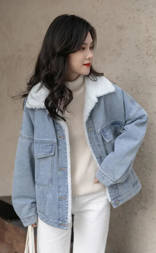 Outerwear Wool Inside Plain Warm Blue Denim Jacket for Women with Fur Plush Woman Jean Coat Winter 2025 Cold Padded Korean Outer