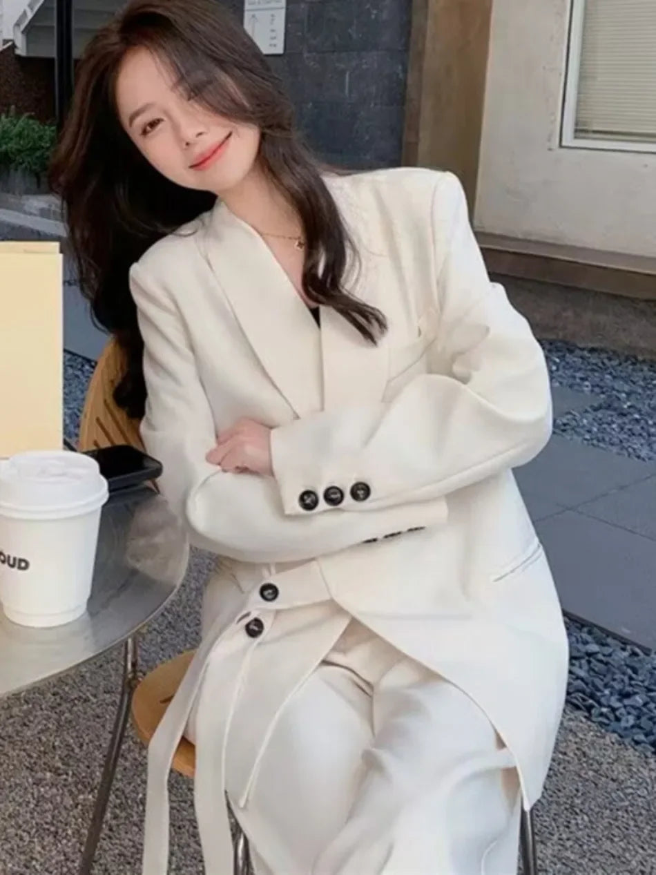 Women's Fashion Office Suit Set Casual Oversized Blazer And Wide Leg Pants Two-Piece Long Sleeve Top Bottoms Combo