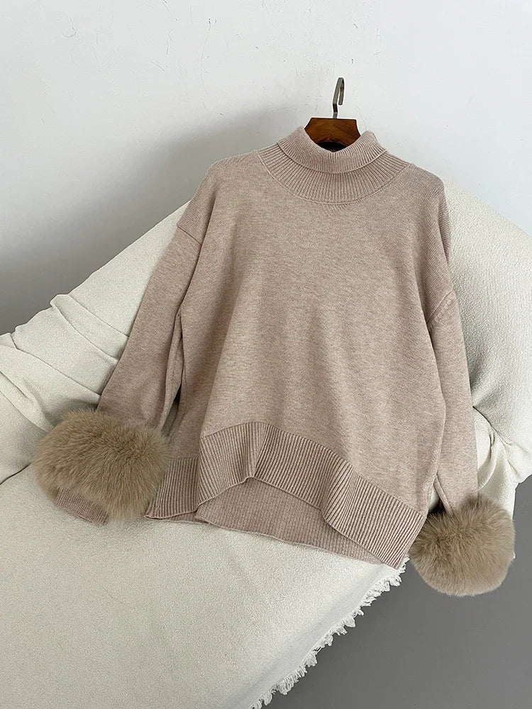 Sweater Women 2024 Autumn Winter Fashionable Sweaters with Real Fox Fur Sleeves Slim Fit Sweaters Fur Knitwear England Style