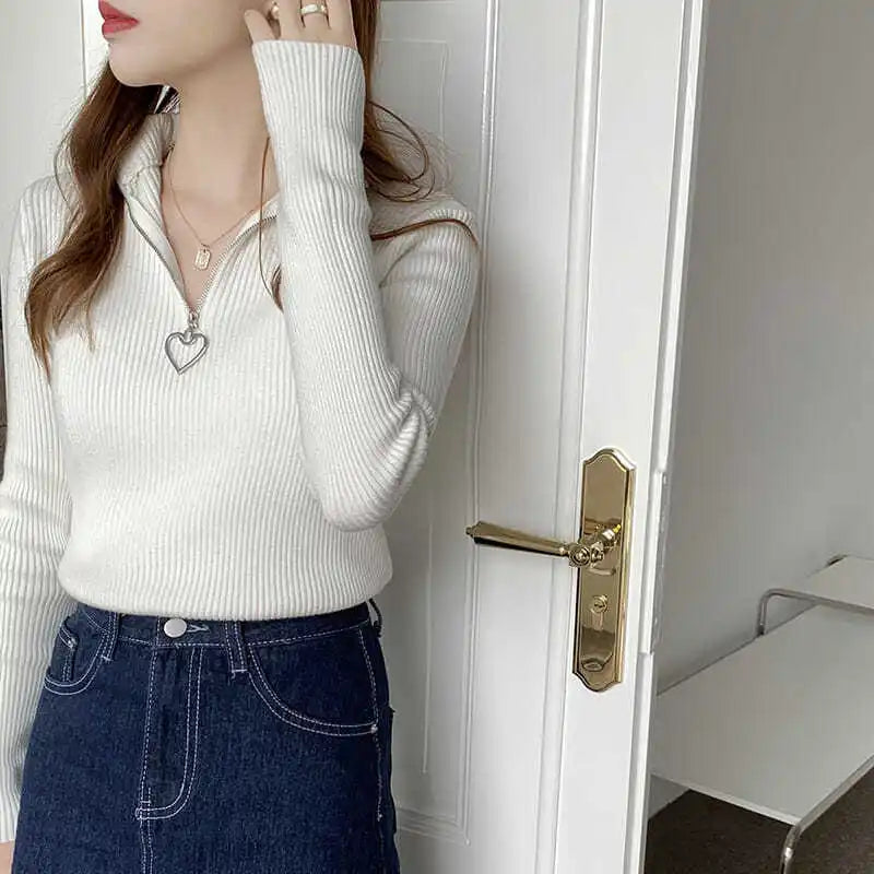 Sweater Women's Autumn and Winter New Semi-turtleneck Love Zipper Core-spun Yarn Bottomed Knitted Sweater Thermal Top