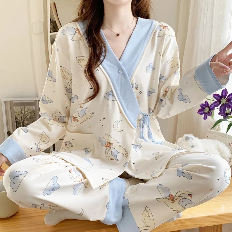 Menstrual Wear Spring, Fall and Summer Thin Postpartum Sweat Absorbent Maternity Pajamas Adjustable Breastfeeding Home Wear