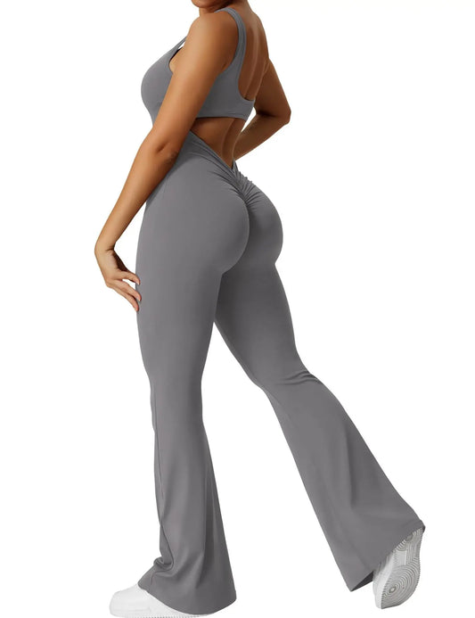 Women's Fitness Flared Bodysuit Sexy Backless Fitness Tight Waistband Hipless Yoga Bodysuit V Back Waistband Hip Lift