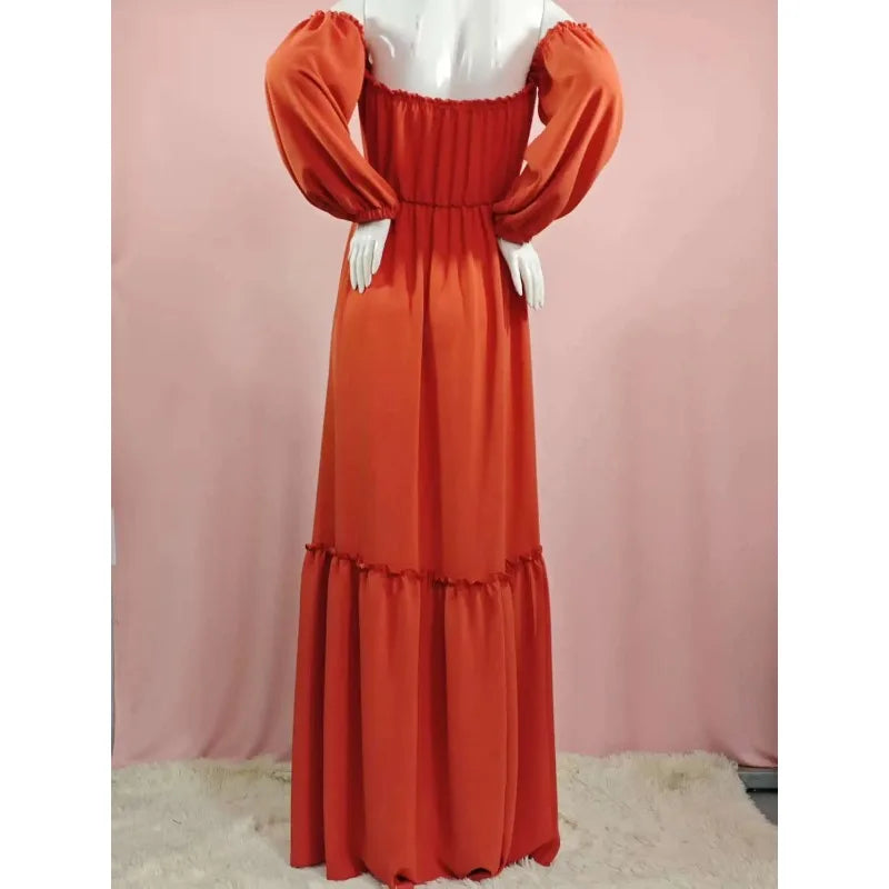 Maternity Photoshoot Dress - Sexy Off-Shoulder Gown Playful Puff Sleeves & Leg-Baring Slit Clothes for Pregnant Women Photograph