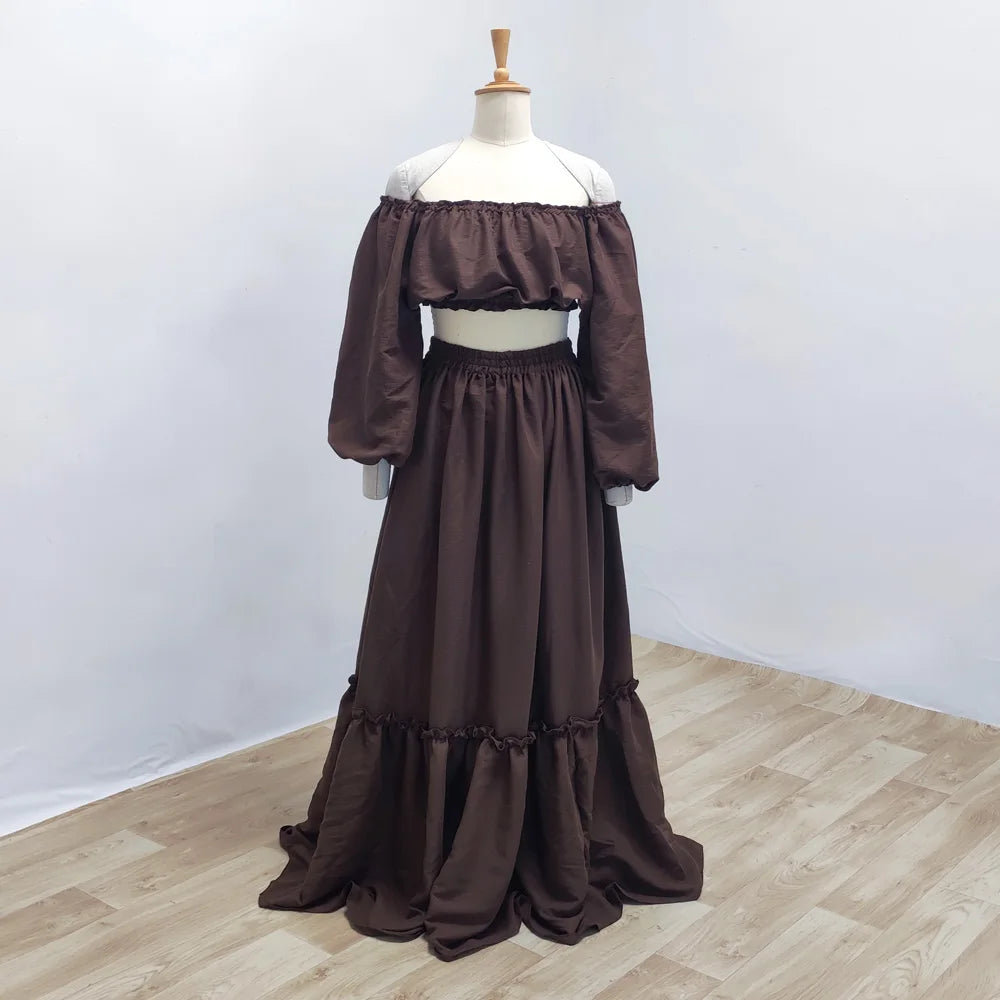 Maternity Photography Dresses Soft Cotton-Like Dress V-neck Tie Up Top A-line Skirt Two-Piece Set Clothes For Pregnant W