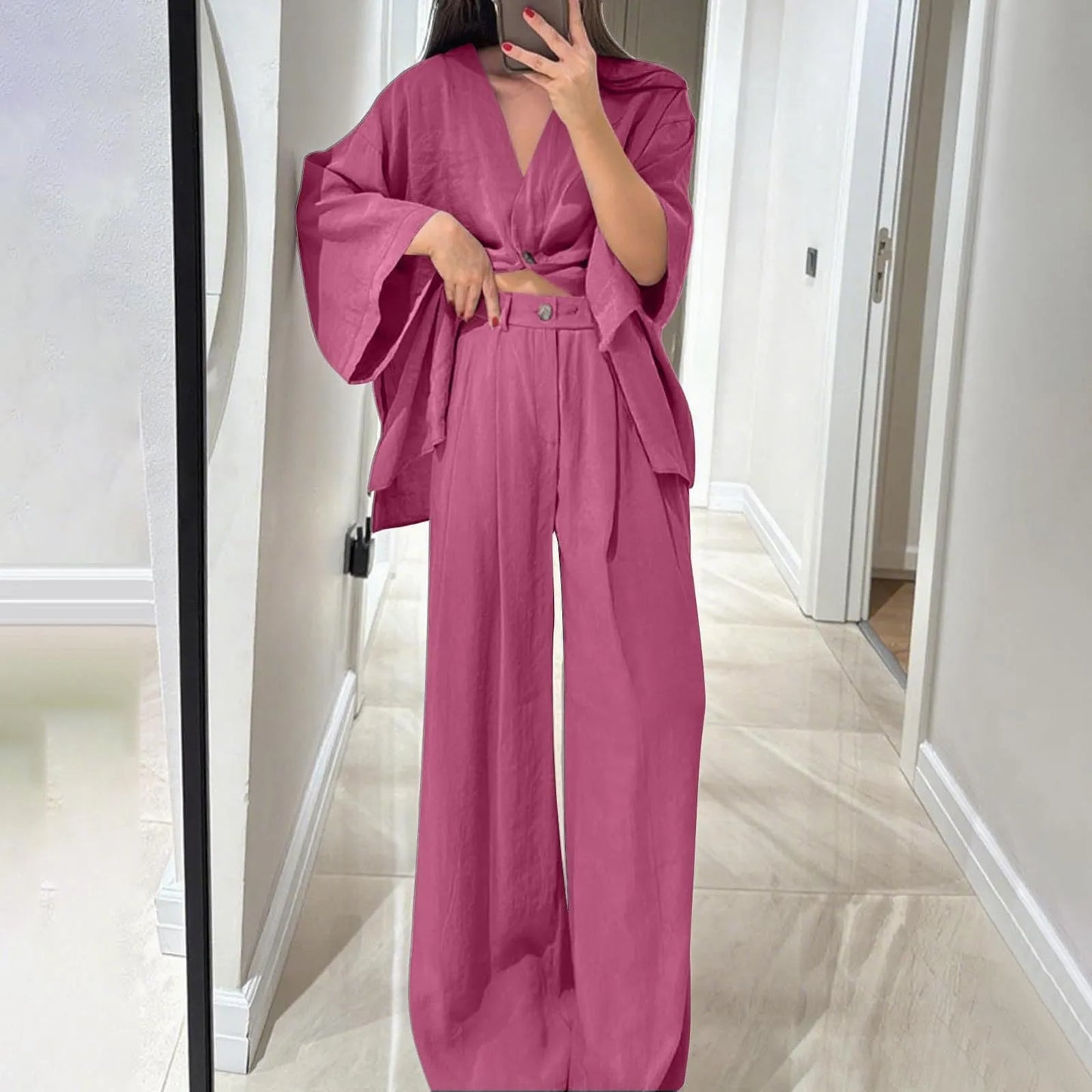 Two Piece Outfits For Women V Neck Button Down Shirt Top And Wide Leg Pants Set Loose Sweatsuits Conjunto Dos Piezas Mujer