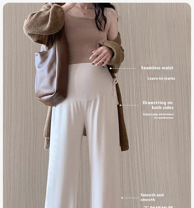 Maternity Trousers Spring and Autumn Outside Wear New Summer Petite Casual Drawstring Straight Wide Leg Trousers Maternity Wear