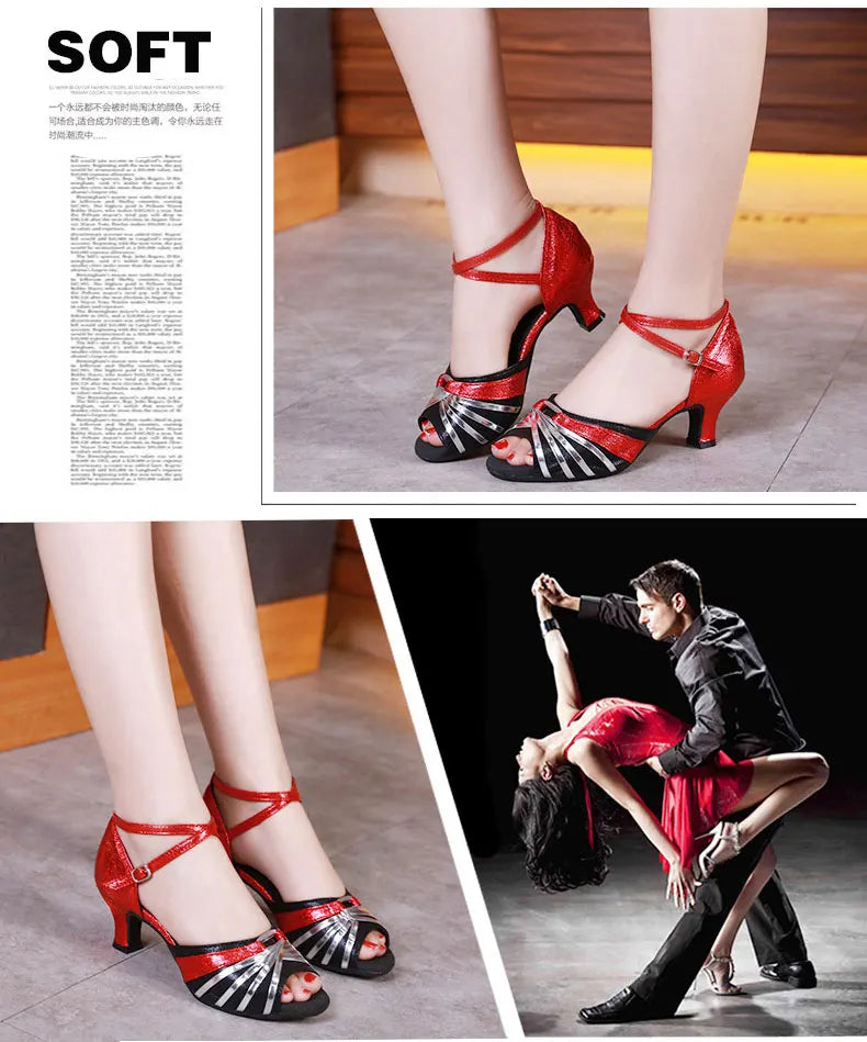 Women's Bachata Swing Salsa Latin Ballroom Dance Shoes Outdoor High Heels Peep Toe Performance Latin Dance Shoes for Woman