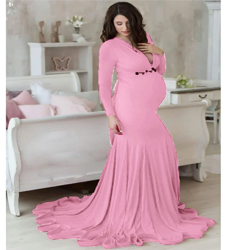 2024 Elegant Maternity Dresses For Photo Shoot Pregnant Women Dress Long Sleeve V-Neck Pregnancy Photography Shower Dress