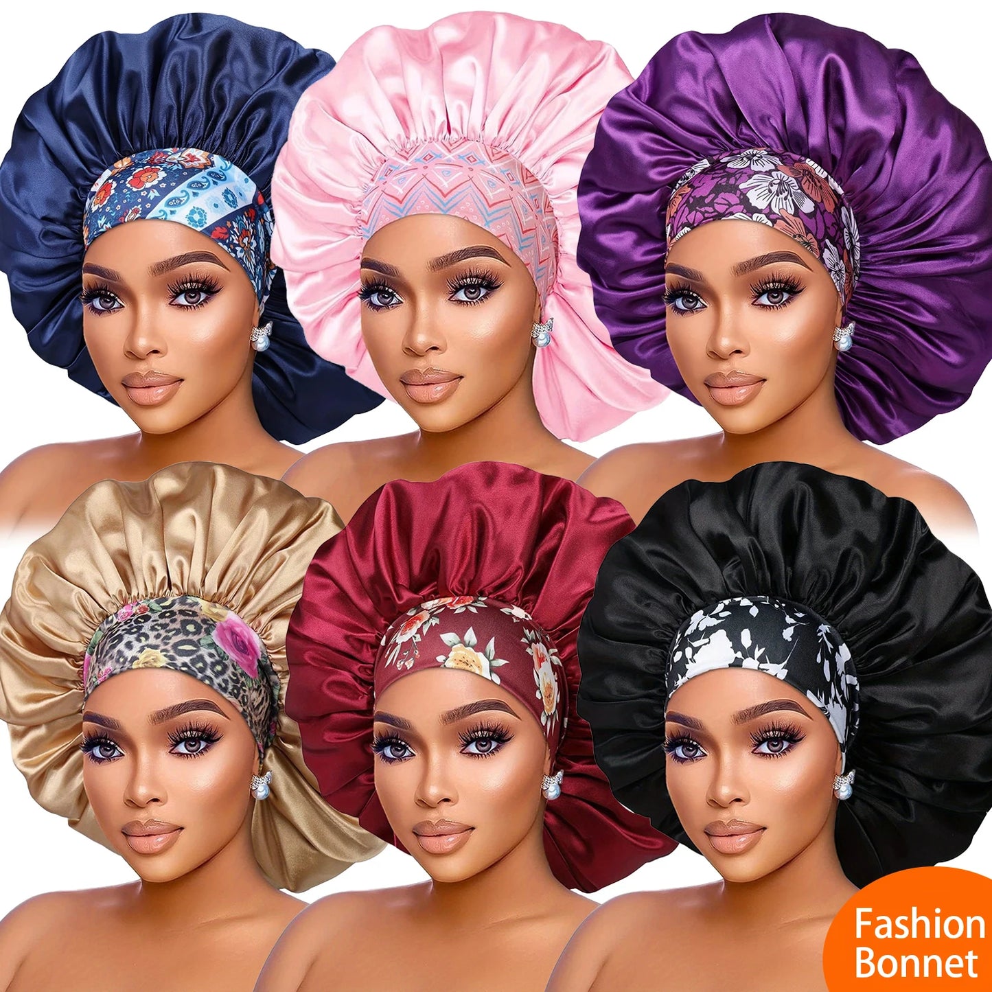 Women's Fashion Bonnet Flower Printed Hair Hat with Wide Edge Elastic Silk Smooth Satin Face for Daily Home Sleep Hat