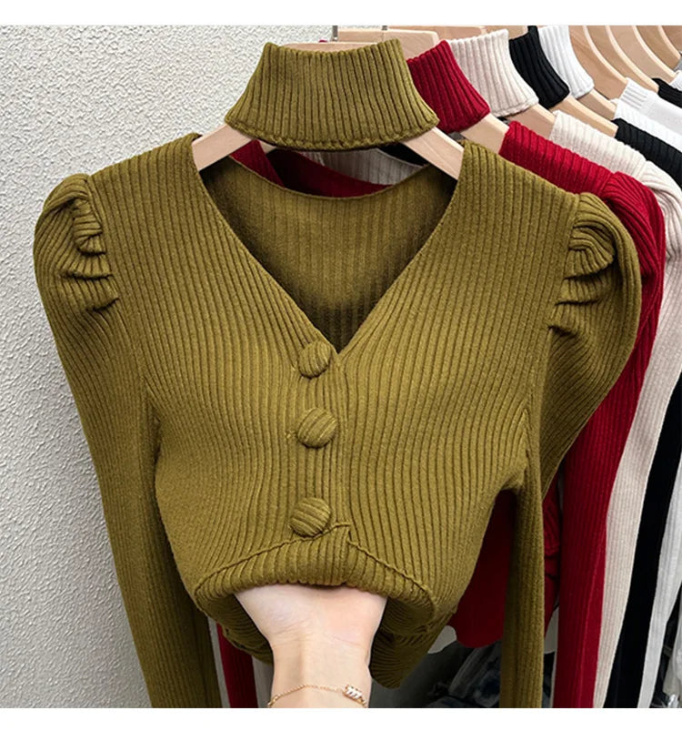 Red Sweater Knitted Sweater Women's Inner Layering Shirt with Unique Unique V-neck Halter Top Design for Autumn and Winter