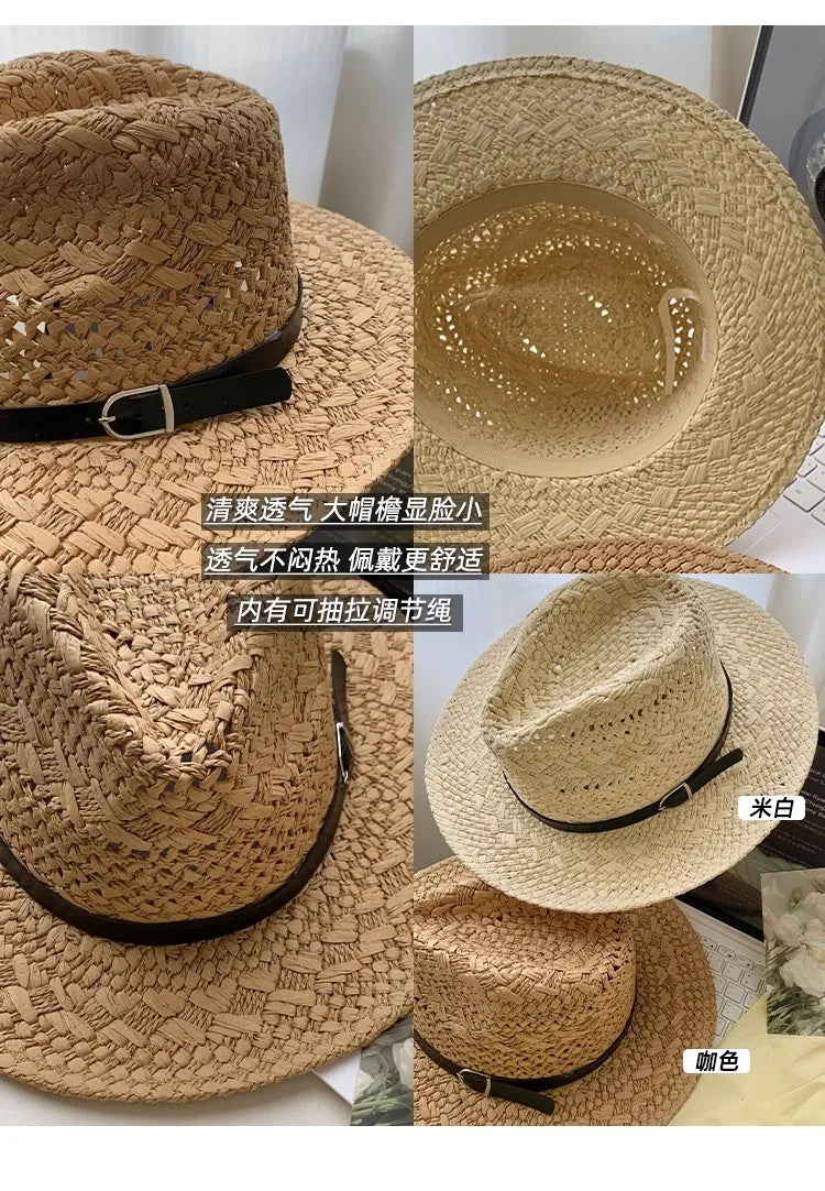 Straw Western Cowboy Hat for Women Men Classic Vintage Hollow Out Unisex Curled Wide Brim Sun Hat Fishing Hat Climbing Cap