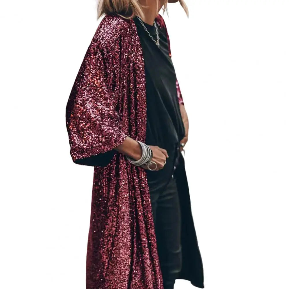 Women Coat Comfy Loose Outerwear Outwear Windproof  Stylish Shining Sequins Cardigan Jacket Top