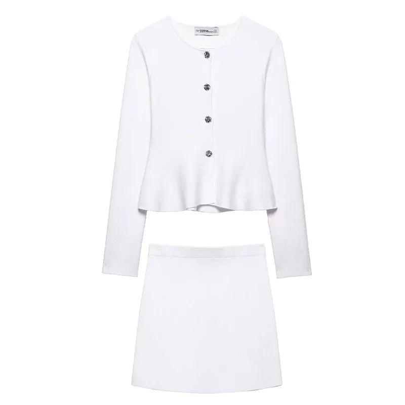 HH Women Skirt Suit O-Neck Single Breasted Long Sleeve Knitted Cardigan Top+Elegant Elastic Waist High Street Mini Skirt