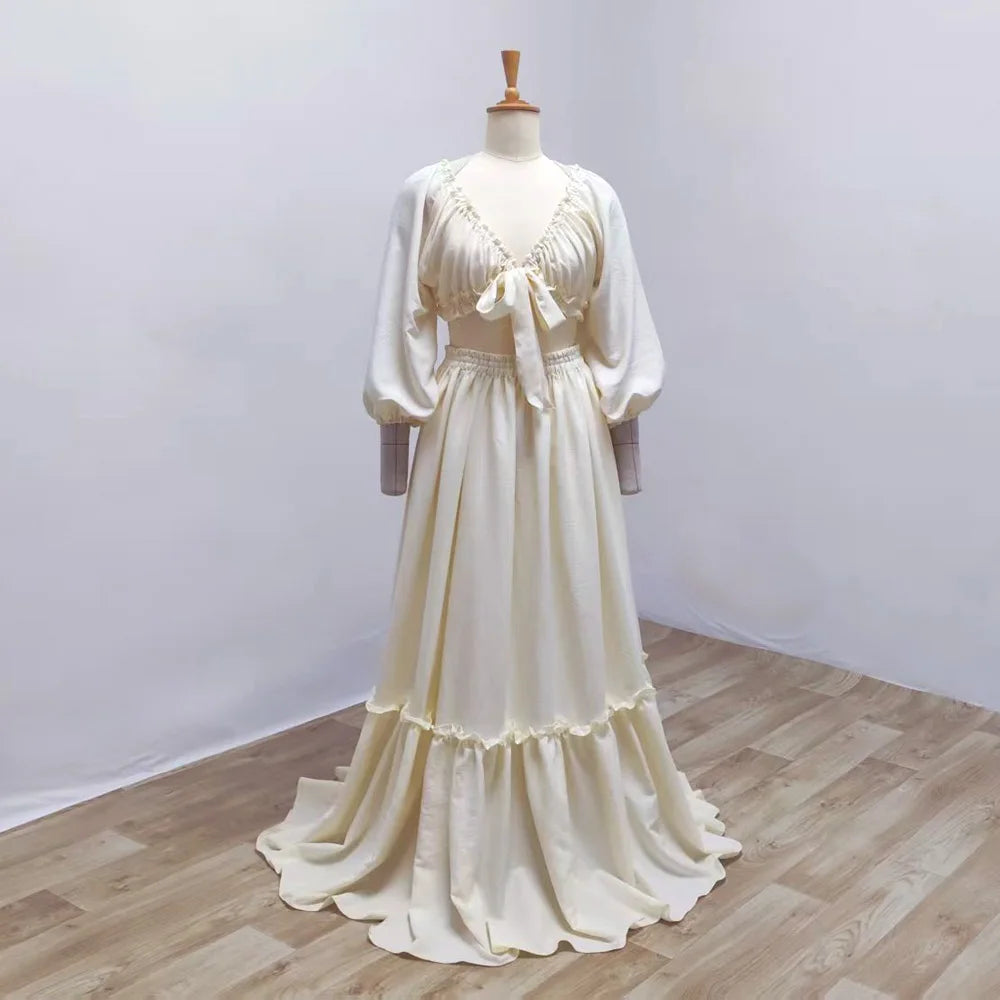 Maternity Photography Dresses Soft Cotton-Like Dress V-neck Tie Up Top A-line Skirt Two-Piece Set Clothes For Pregnant W