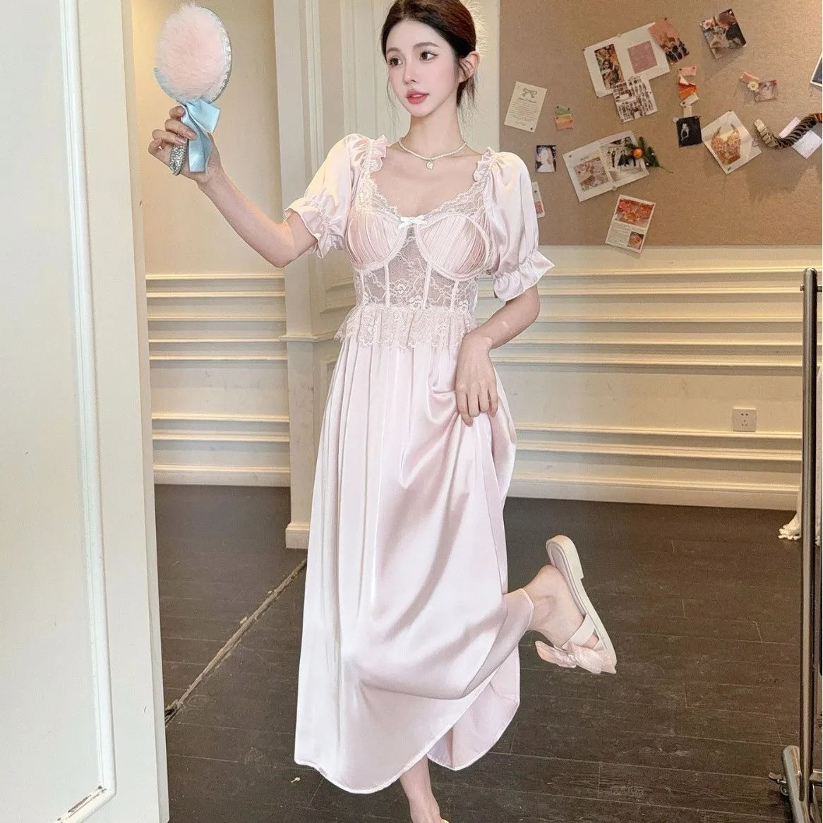 Women Long Nightgown Sleepwear Elegant Retro Court Style Nightdress Home Dressing Gown Spring Summer Rayon Sexy Lace Loungewear