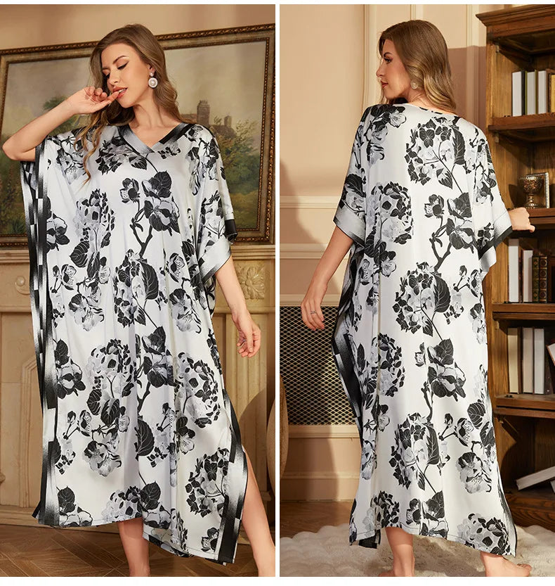 V-Neck Nightgown for Women Sleepwear Court Style Bathrobe Gown Nighties Loungewear Summer Nightdress Home Wear Outfits