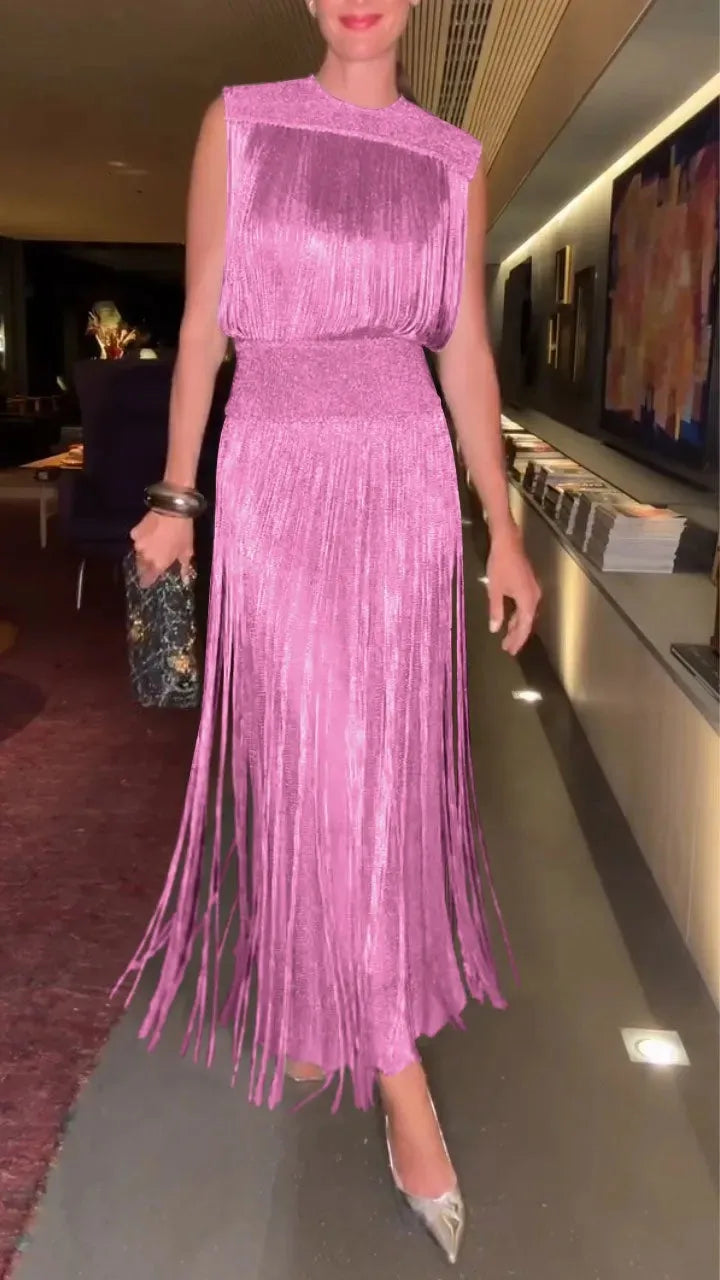 Two Piece Sets Fashion Sequin Fringed Dress for Women Streetwear Glitter Sleeveless Party Gown Elegant O-neck Long Dresses