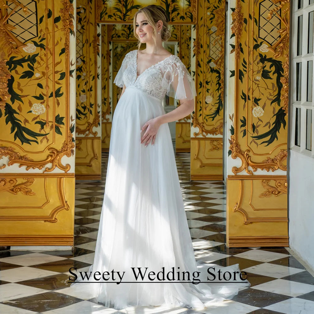 Pregnant Bride Wedding Dress Customized V Neck Flare Sleeves Beading Applique Tulle A Line Sweep Train Corset Bridal Gown