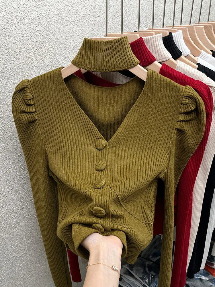 Red Sweater Knitted Sweater Women's Inner Layering Shirt with Unique Unique V-neck Halter Top Design for Autumn and Winter
