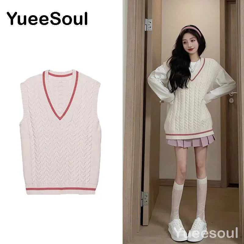 Sweet Kawaii Sweater Vest Printed Sleeveless Casual Outerwear Knitted Waistcoat 2023 Vintage Y2K Spring  E Girl Pullovers Tops