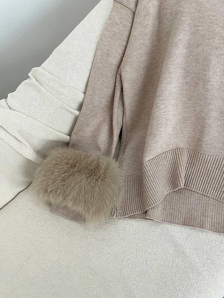 Sweater Women 2024 Autumn Winter Fashionable Sweaters with Real Fox Fur Sleeves Slim Fit Sweaters Fur Knitwear England Style