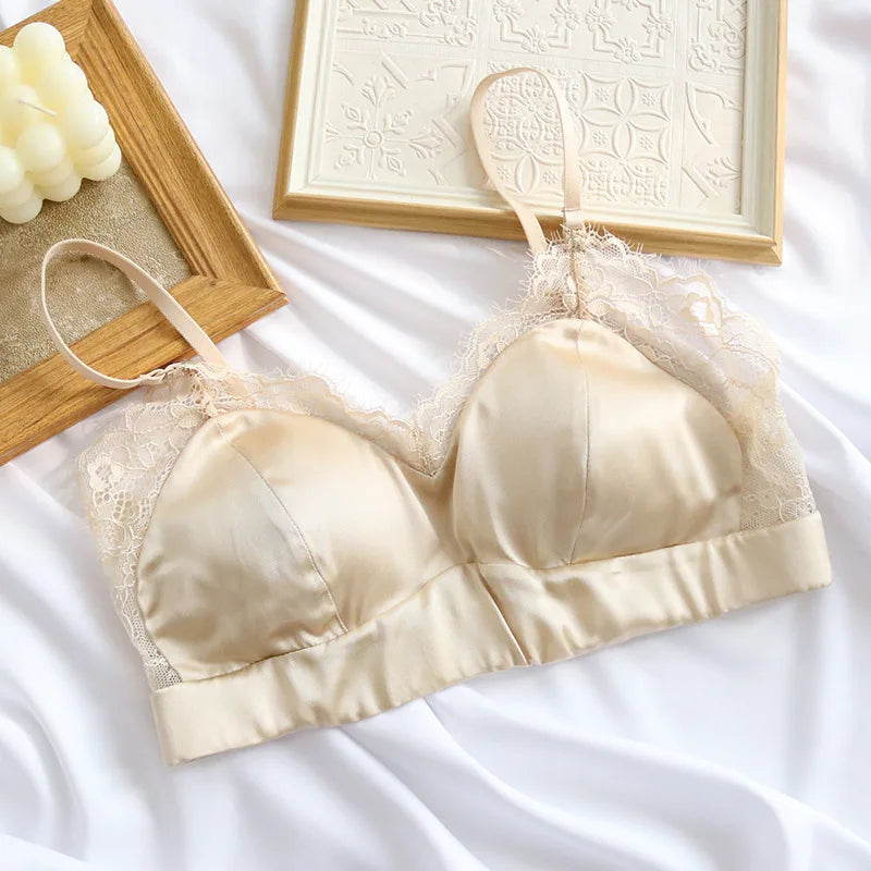 Women Silk Bras 93.8% Mulberry Silk 6.2 Spandex Lace Satin Surface Wire Free Wireless Bra Bralette Everyday Wear TA018