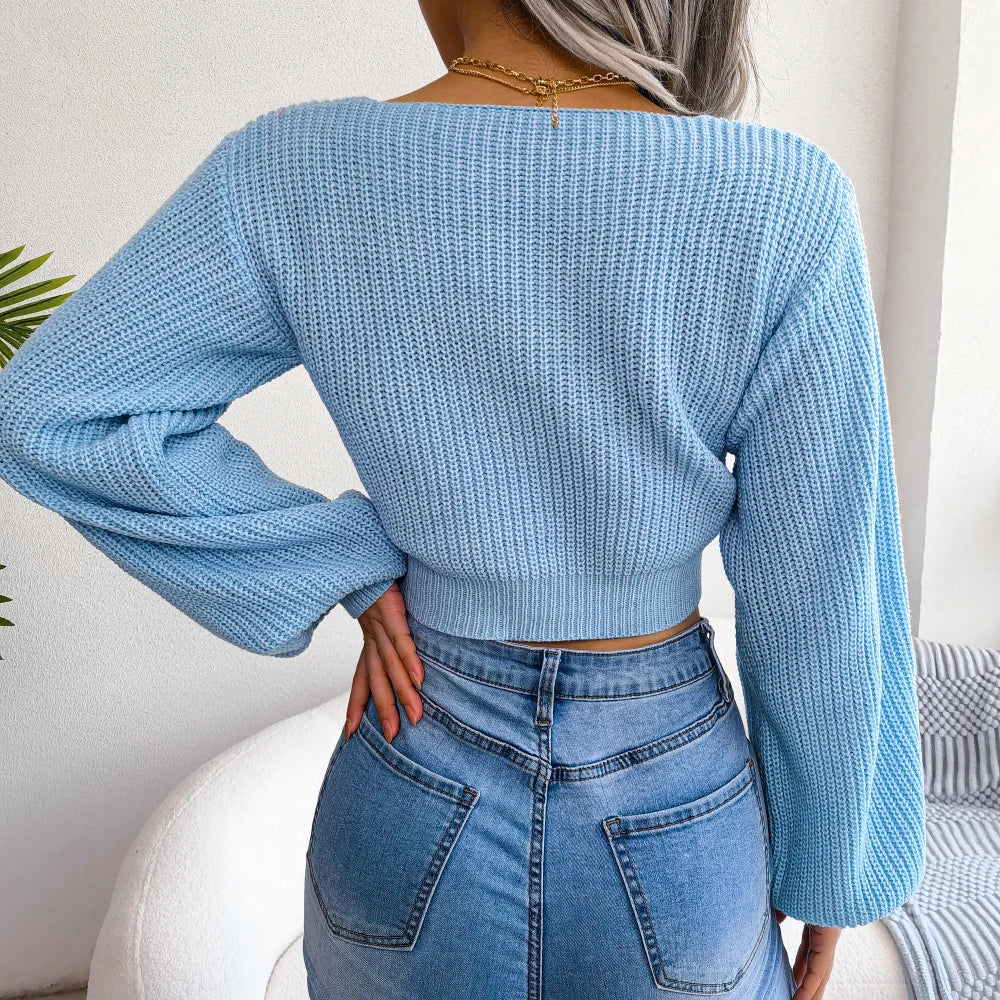 Women Sweater 2025 Autumn Casual Sexy Bow Long Sleeve Knitted Pullovers Crop Tops Blue Green White Red