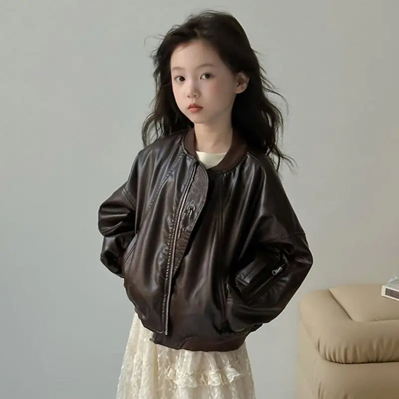 Girls' outerwear Spring and Autumn 2025 New Fashionable Outerwear Short Leather Jacket Autumn Clothing for Children